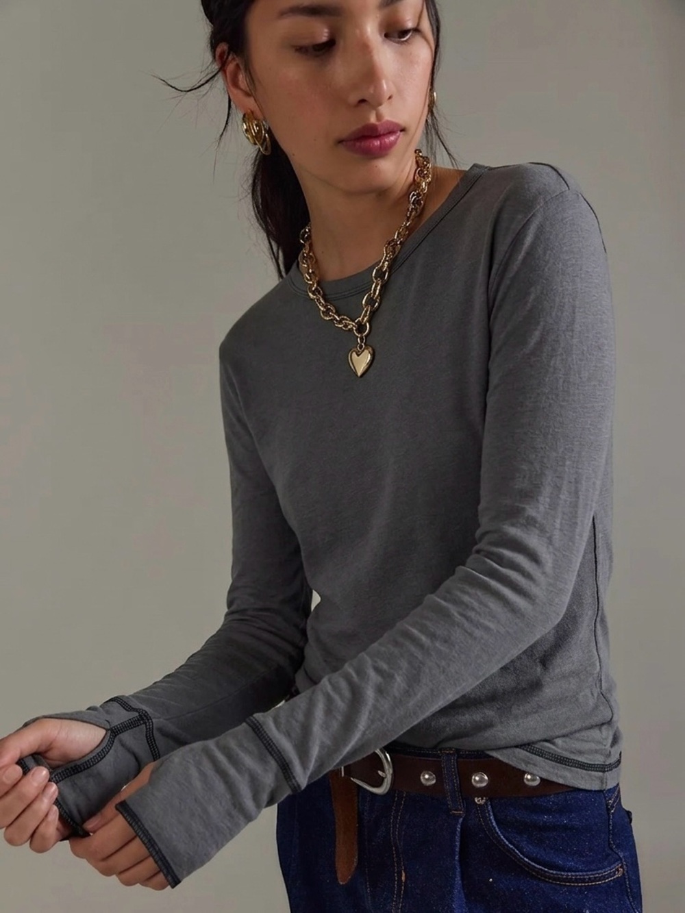 ZARA SRPLS Wool Blend Charcoal Grey Long Sleeve Contrast Stitch Tee Size Medium